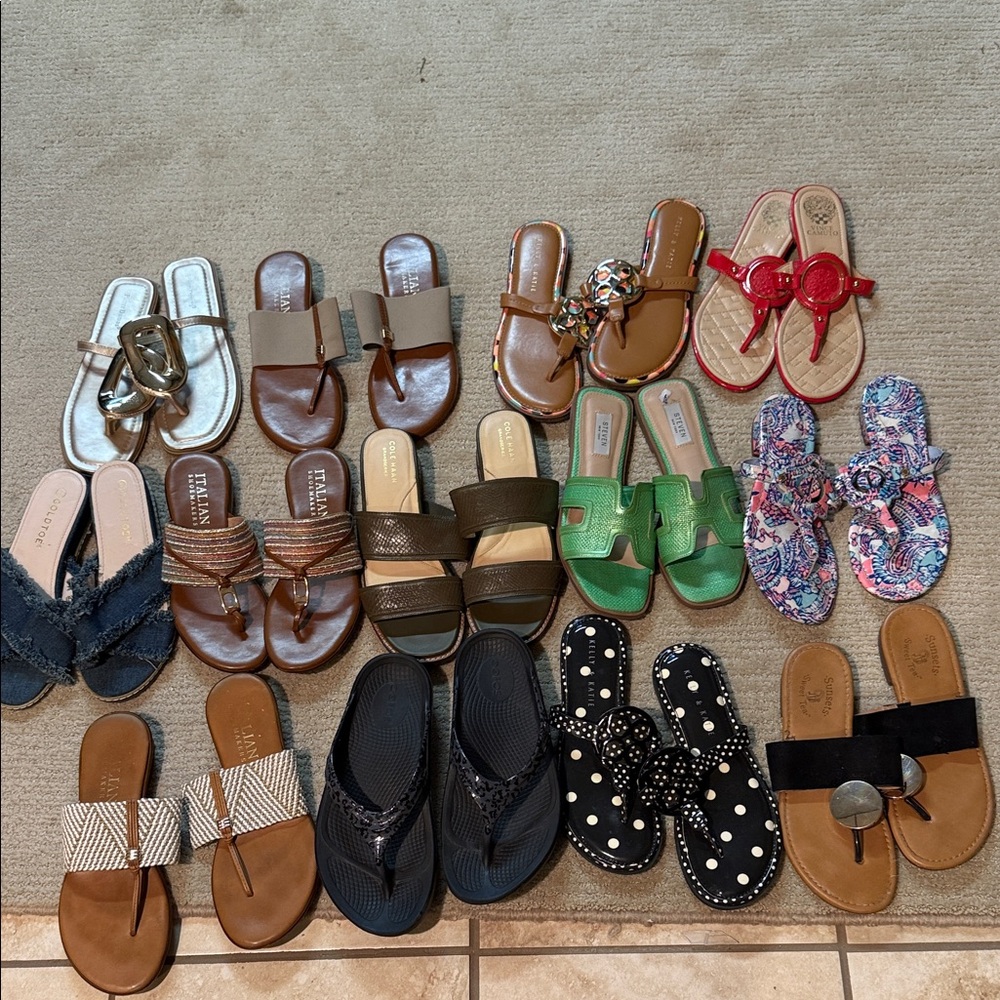 13  Sandals in Gold, Brown, and Denim black silver blue red ,,,like new!!!